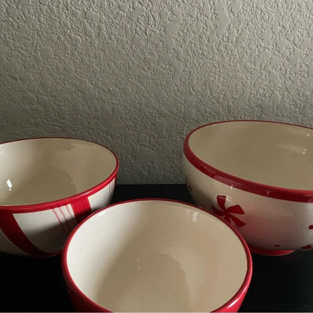 Christmas Peppermint Swirl Stripe Polka Dot Ceramic Red and White Nesting Bowls